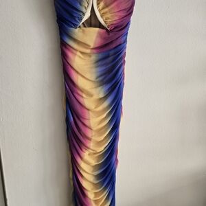 Fashion Nova Strapless Dress in Blue, Pink, and Yellow